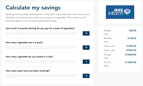 Screenshot of the smoking savings calculator from NHS Inform
