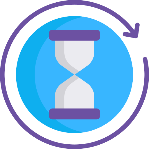 Picture of a grey and purple hourglass on a blue background with a circle and arrow around it.