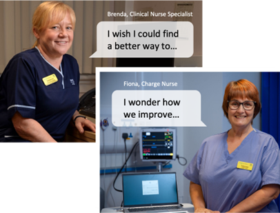 Picture of Brenda, Clinical Nurse Specialist with a speech bubble: I wish I could find a better way to... Image of Fiona, Charge Nurse with a speech bubble of I wonder how we improve...
